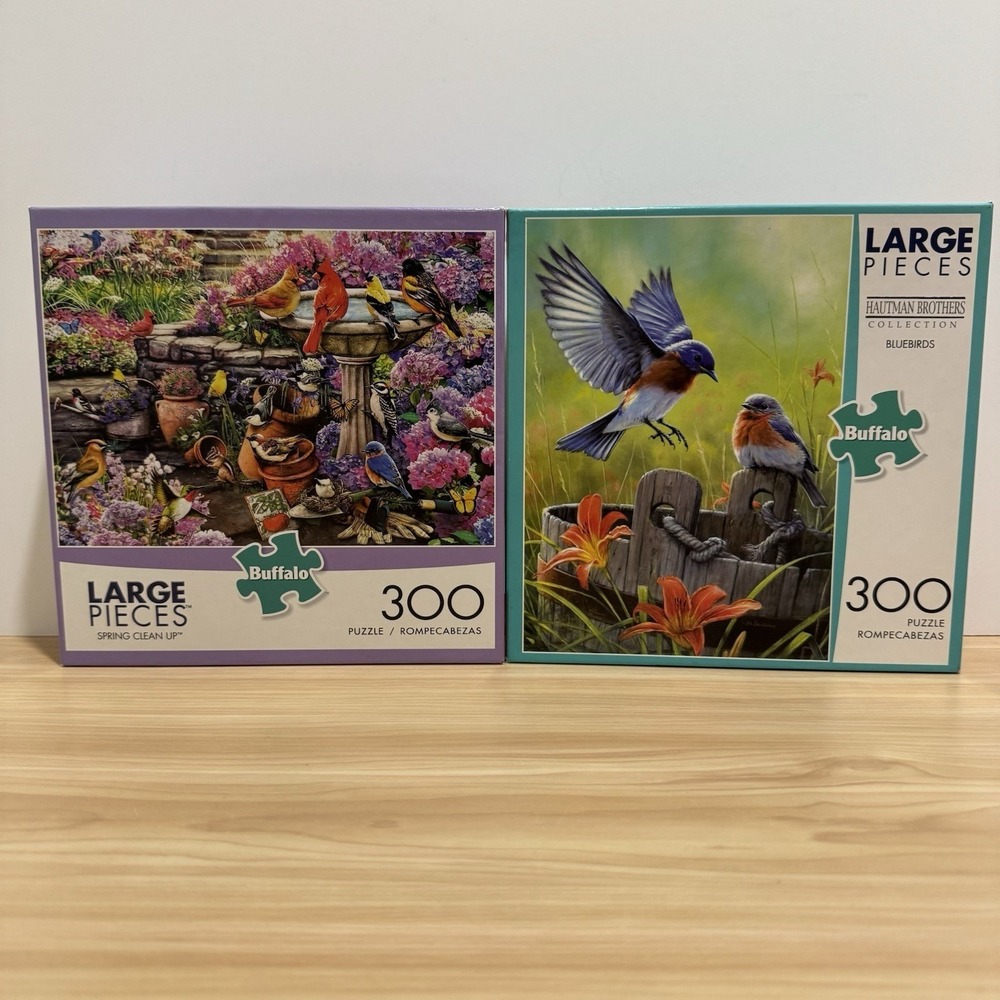 2 Buffalo Games 300 Piece Puzzles Bluebirds & Spring Clean Up Large Pieces